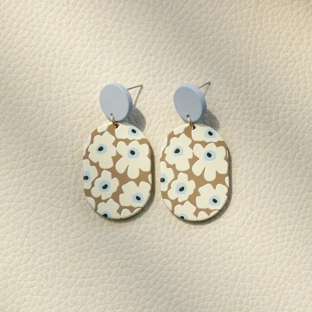 Acrylic‎ Earrings Oval Flower Pattern Dangle Retro Cute Jewelry Delicate Blue